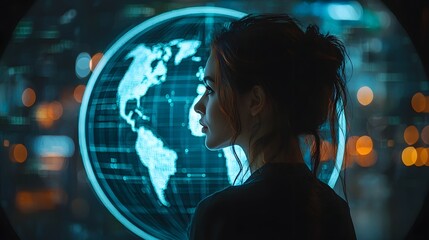 Businesswoman shareholder viewing a futuristic holographic globe