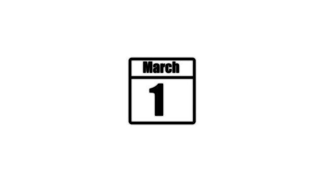 1 March calendar icon animation. Boost your productivity and impress clients with this sophisticated calendar animation. black color calendar on a white background.