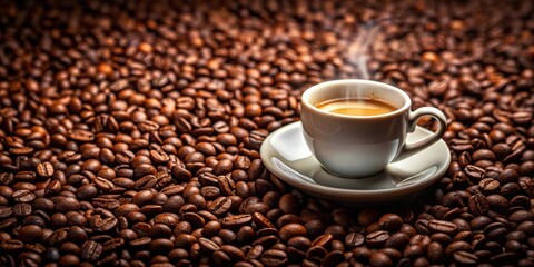 Fototapeta premium Aromatic Steam Rising from Espresso in White Cup Nestled Amongst Roasted Coffee Beans