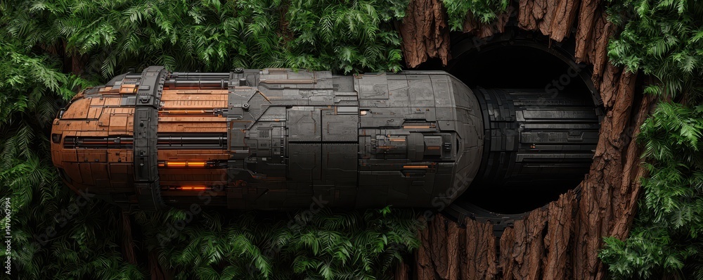 Poster A futuristic metallic object emerges from a tree trunk surrounded by lush green foliage, blending nature with advanced technology.