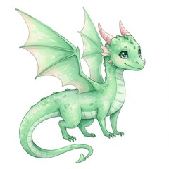 Fototapeta premium Adorable Baby Green Dragon Watercolor Illustration