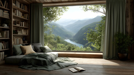 Serene interior reading nook with panoramic mountain view inviting relaxation and escape