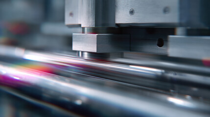 Close up of precision metal machine part with sleek, modern design, reflecting light with slight