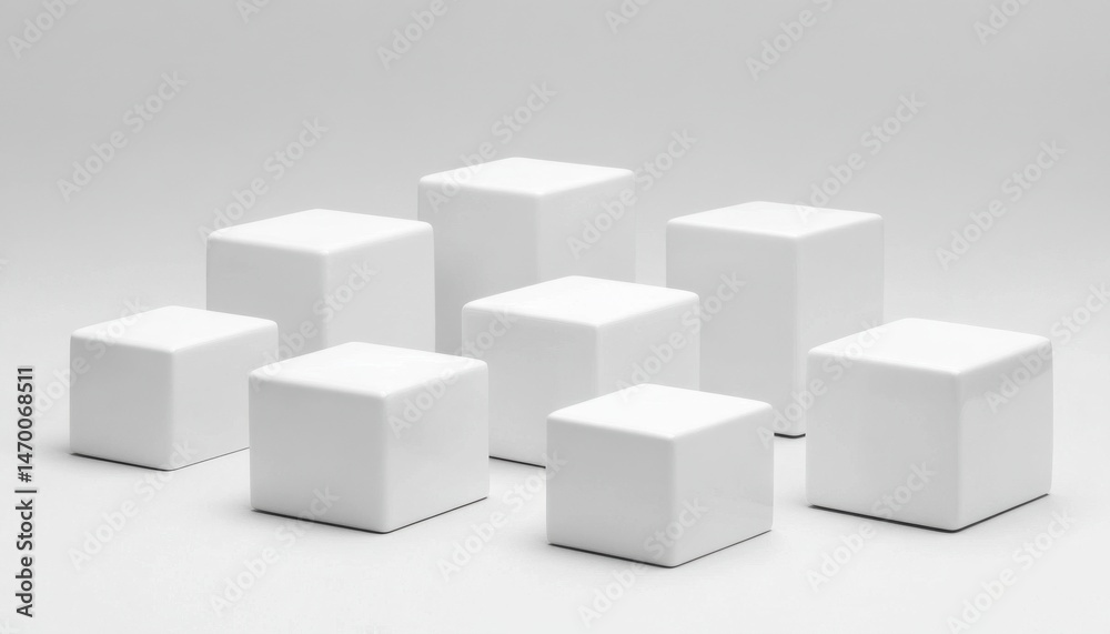 Poster arrangement of white cubic blocks in a studio setting highlighting minimalist design and geometric s
