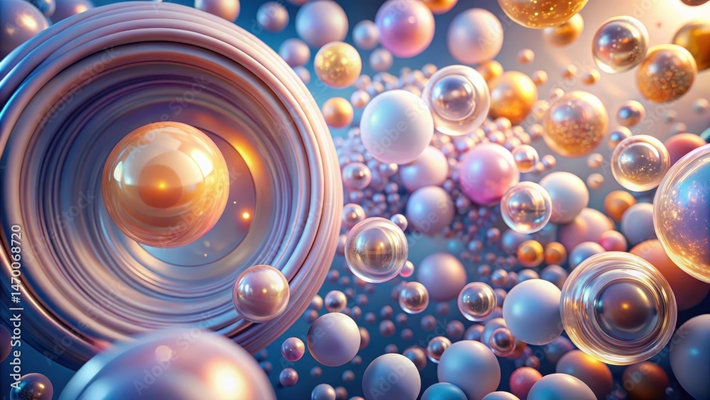 Poster abstract swirling sphere composition with iridescent orbs and glowing highlights