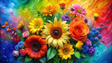 Vibrant Floral Arrangement Displaying a Rainbow of Blossoms with Sunflowers, Roses, and Gerbera Daisies on a Colorful Background