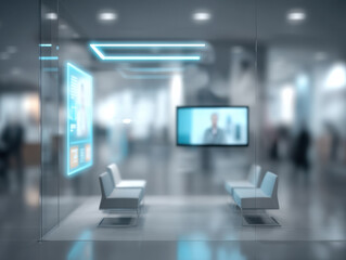 Naklejka premium Modern high tech medical consultation room with digital screens and seating area, blurred