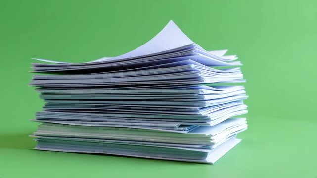 A large stack of paper sheets is neatly piled on a green background, suggesting office work or document organization.