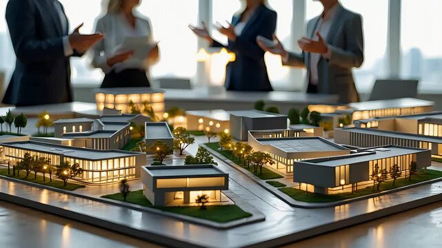 Architectural team discussing illuminated miniature building model of a modern urban development on a table in a bright corporate office

