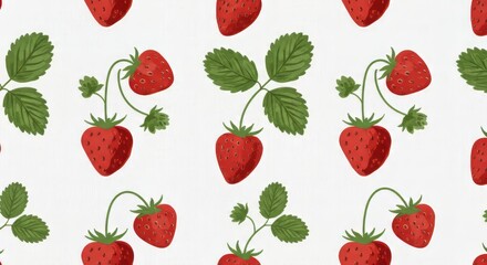 Strawberry Pattern with Leaves on White Background