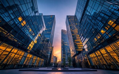 Fototapeta premium Modern office building with glass facades at sunset, wide-angle view, a square courtyard in front of the buildings, professional photography. generative ai