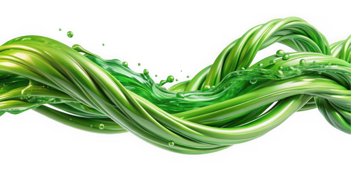 A vibrant and dynamic flow of twisted green strands, intermingled with droplets of water, creating a refreshing and energetic atmosphere.