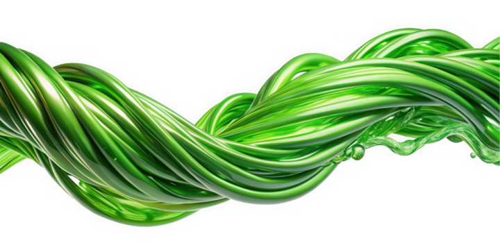 A vibrant, twisted green filament gracefully flows through the frame, showcasing a dynamic blend of light and shadow that creates an energetic and lively atmosphere.
