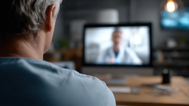 Person having video consultation with doctor home medical appointment via computer remote