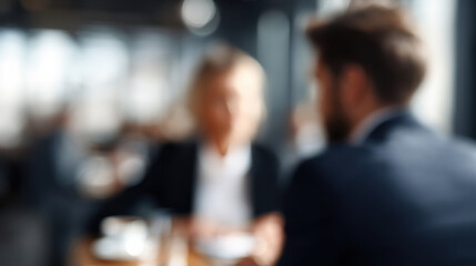 Blurred image of two people having conversation modern indoor setting, possibly cafe