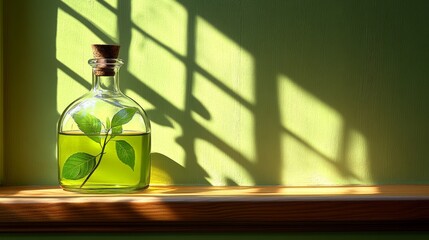 Sunlit Elixir: A vintage glass bottle, filled with a verdant liquid and a sprig of vibrant green leaves, rests gracefully on a wooden windowsill, with sunlight streaming through the window. 