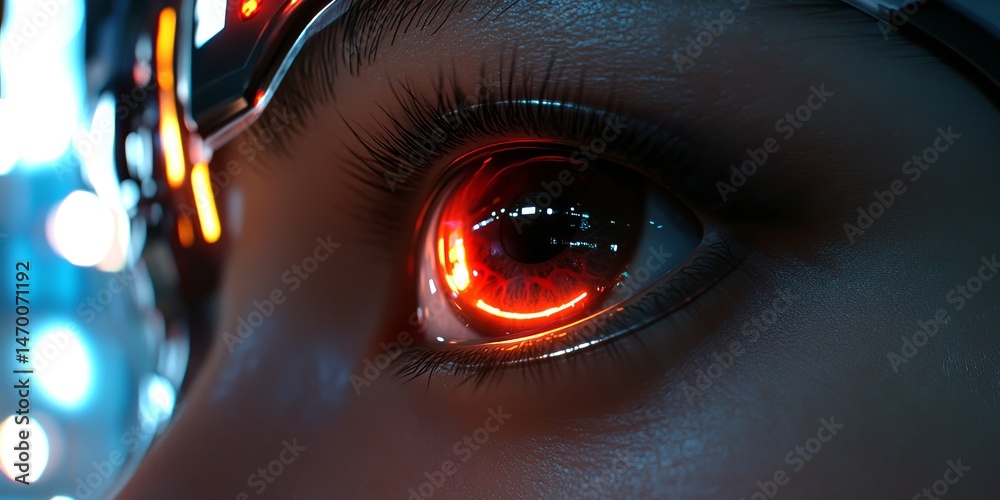 Wall mural a close-up view of a futuristic eye with a glowing red circular design. this image captures the esse