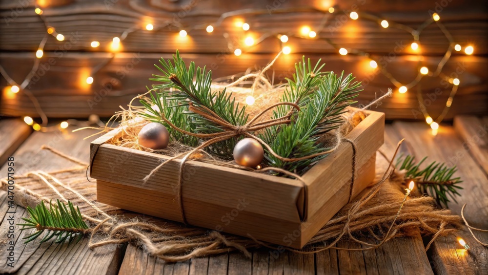 Poster rustic wooden box adorned with evergreen boughs, twine, and festive ornaments, illuminated by warm s