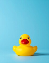 Portrait photo of Rubber Ducky with a plain blue background