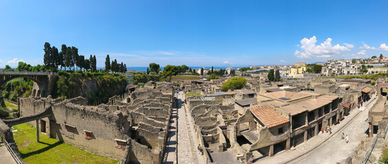 Panoramic photo from above of the excavations of Herculaneum, the ancient Roman city destroyed by the eruption of Vesuvius in 79 AD