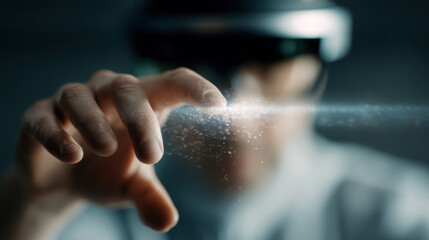 Person wearing virtual reality headset interacts with digital particles dark environment