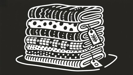 Obraz premium Monochrome illustration of a stack of folded textile fabric with different patterns and tags on a plate in black and white color, doodle style 8K