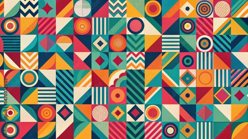 Poster Vibrant Geometric Tile Pattern A Colorful Abstract Composition of Shapes and Lines Ideal for Backgrounds and Designs