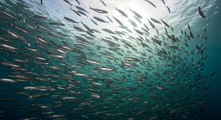 Naklejka premium Swimming fish shoal in ocean waters under sunlight
