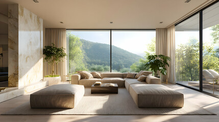 Naklejka premium Sunlit living room with expansive window offering serene nature views bringing the outside in
