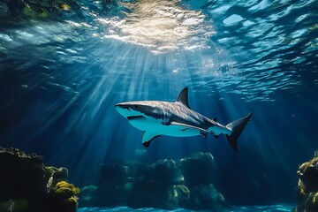 Fototapeta premium Majestic great white shark swimming in clear ocean waters underwater ultra hd photography