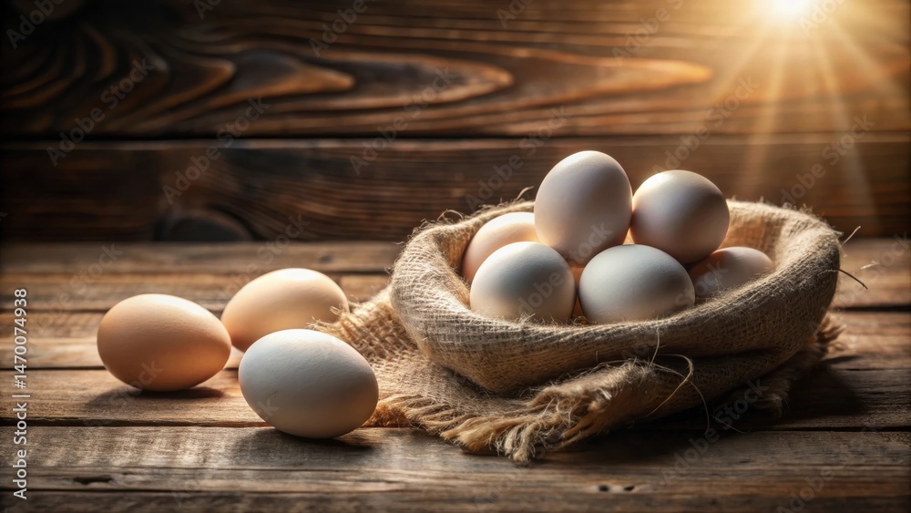Poster rustic still life of fresh eggs in a burlap sack on a weathered wooden surface bathed in warm sunlig