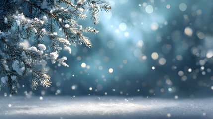 Snow covered pine branch winter scene