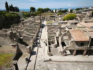 Panoramic photo from above of the excavations of Herculaneum, the ancient Roman city destroyed by the eruption of Vesuvius in 79 AD