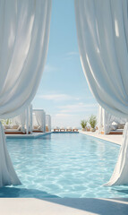 Naklejka premium Luxurious pool area with curtains and sunbeds for relaxation on a beautiful sunny day