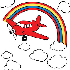 Red plane soars through rainbow sky