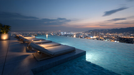 Luxury living with rooftop infinity pool overlooking the illuminated cityscape at twilight hour