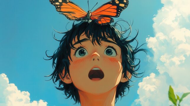An anime-styled illustration of a surprised person, waist-up, with a butterfly on their head, trying to look up at it with a goofy smile, soft shading and expressive eyes 