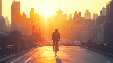 Person cycling through a cityscape during golden hour