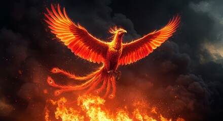 Majestic Phoenix Rising From Flames - A vibrant phoenix bird emerges from fiery flames against a dark, smoky sky. Symbol of rebirth and renewal