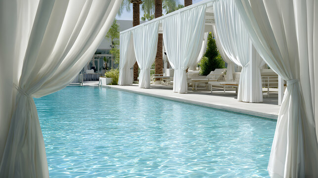 Serene turquoise waters of a luxury resort pool with elegant white curtained cabanas creating a peaceful scene