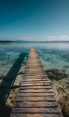Obraz premium Picturesque wooden pier stretching over crystal clear waters under a cloudless blue sky