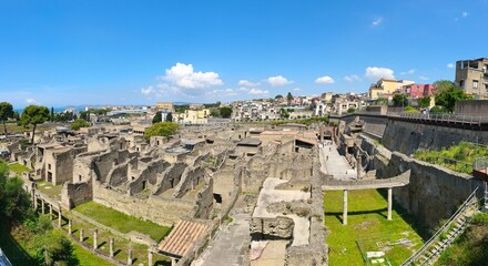 Panoramic photo from above of the excavations of Herculaneum, the ancient Roman city destroyed by the eruption of Vesuvius in 79 AD