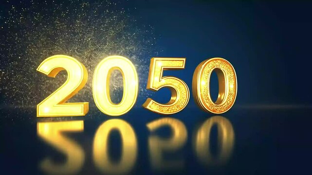 Golden 2050 text animations on reflective surface with sparkling particles, signifying future anticipation