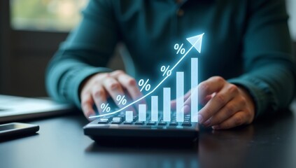 Interest rate concept, Business man using calculator with graph percentage symbol and up arrow, Growth of investments and profits, Dividends and long term investing to win Inflation, Calculate taxes