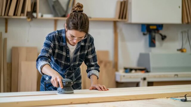 Young woman carpenter sanding a wooden board, DIY project, modern workshop, empowerment in skilled trade