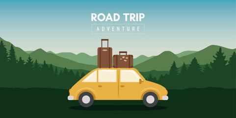 road trip adventure in the wilderness car on mountain landscape vector illustration