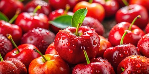 A Close-Up View of Fresh, Juicy Red Fruits Covered in Dew Drops, Glistening Under Soft Light