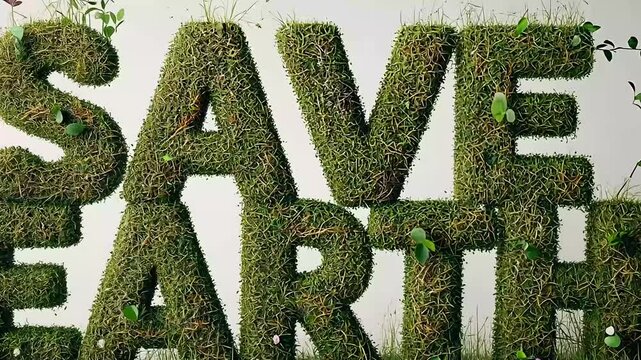 Mossy SAVE EARTH text promotes environmentalism, urging conservation and sustainability