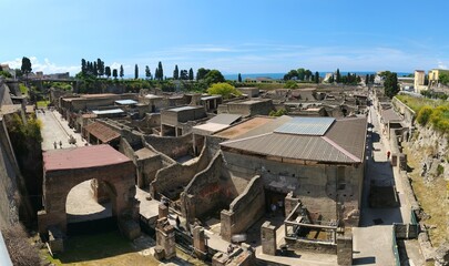 Panoramic photo from above of the excavations of Herculaneum, the ancient Roman city destroyed by the eruption of Vesuvius in 79 AD