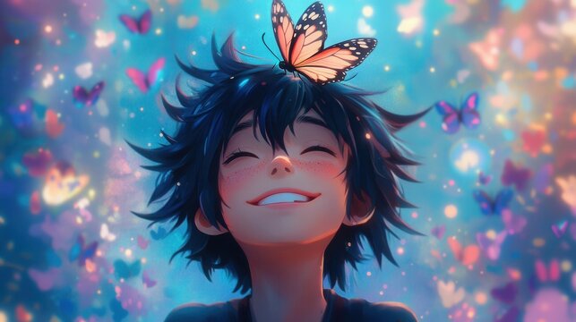 An anime-inspired whimsical scene, waist-up of a person with spiky hair, a butterfly calmly resting on their head, their goofy expression full of childlike wonder, soft gradients